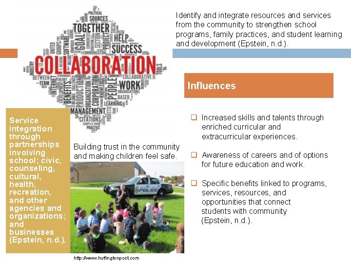 Collaborating Identify and integrate resources and services from the community to strengthen school programs,