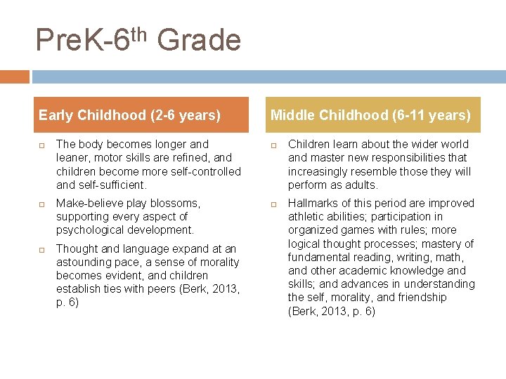th Pre. K-6 Grade Early Childhood (2 -6 years) The body becomes longer and
