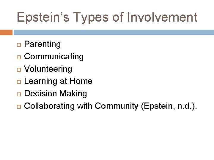 Epstein’s Types of Involvement Parenting Communicating Volunteering Learning at Home Decision Making Collaborating with