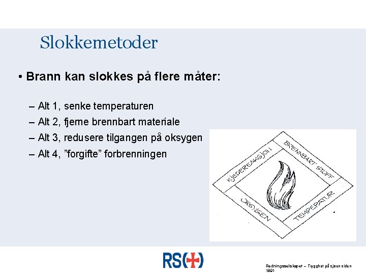 Slokkemetoder • Brann kan slokkes på flere måter: – Alt 1, senke temperaturen –