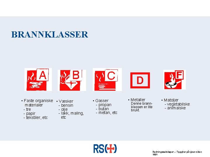BRANNKLASSER D • Faste organiske • Væsker materialer - bensin - olje - tre