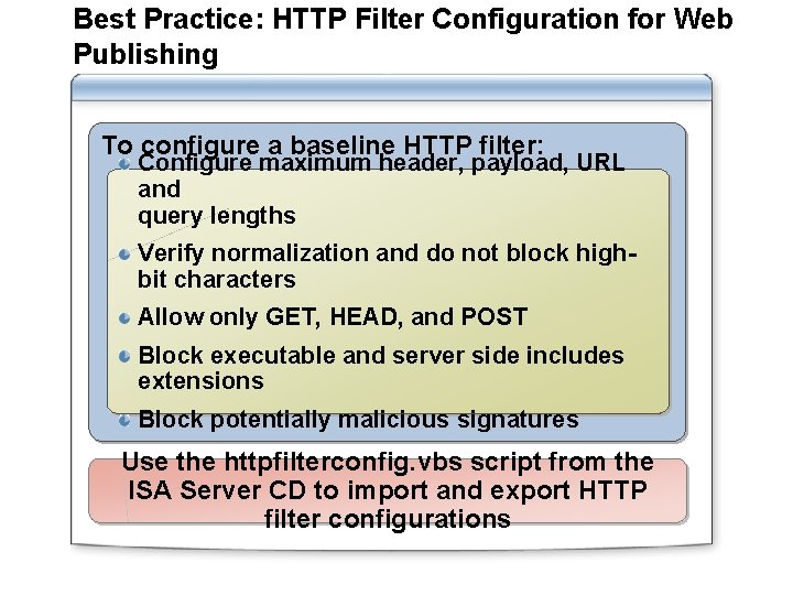 Best Practice: HTTP Filter Configuration for Web Publishing To configure a baseline HTTP filter: