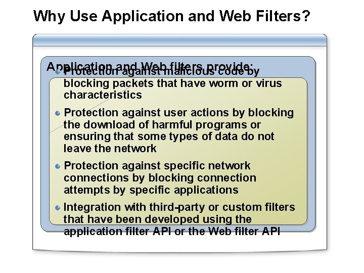 Why Use Application and Web Filters? Application Webmalicious filters provide: Protectionand against code by