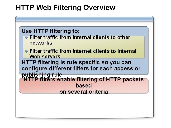 HTTP Web Filtering Overview Use HTTP filtering to: Filter traffic from internal clients to