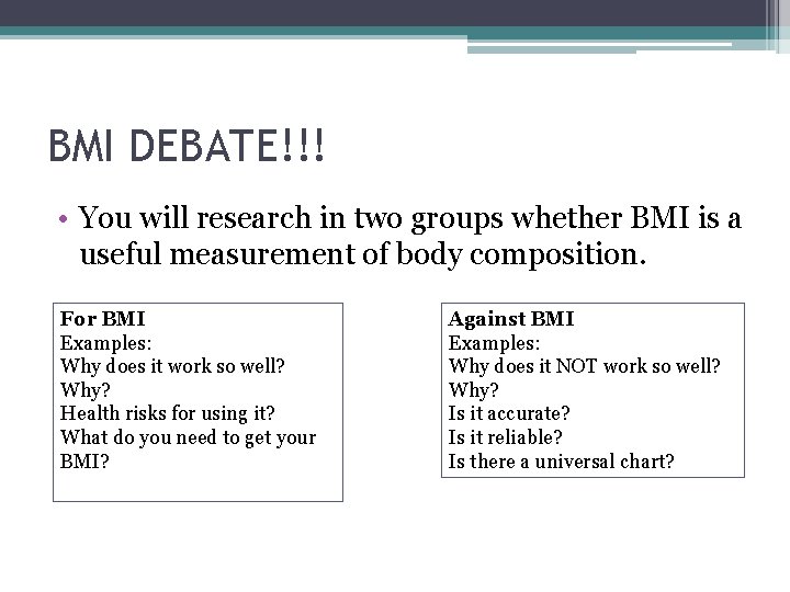 BMI DEBATE!!! • You will research in two groups whether BMI is a useful