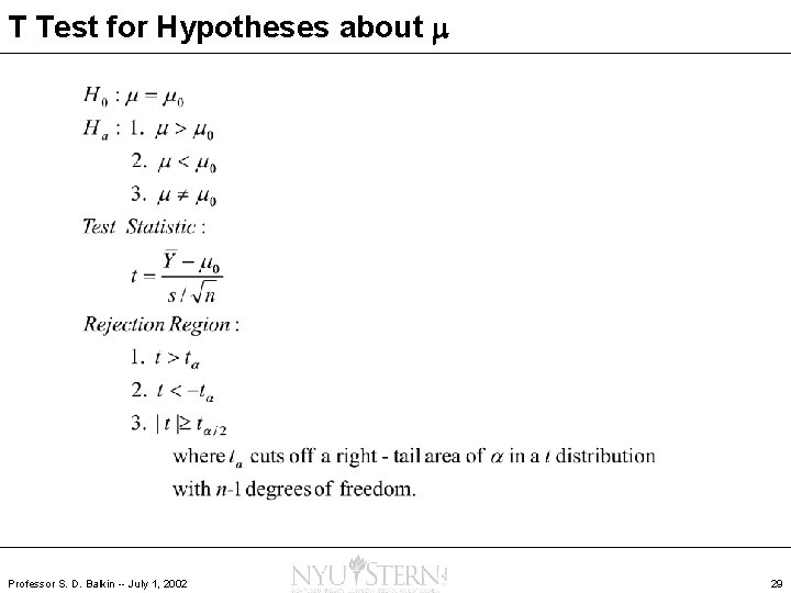 T Test for Hypotheses about m Professor S. D. Balkin -- July 1, 2002