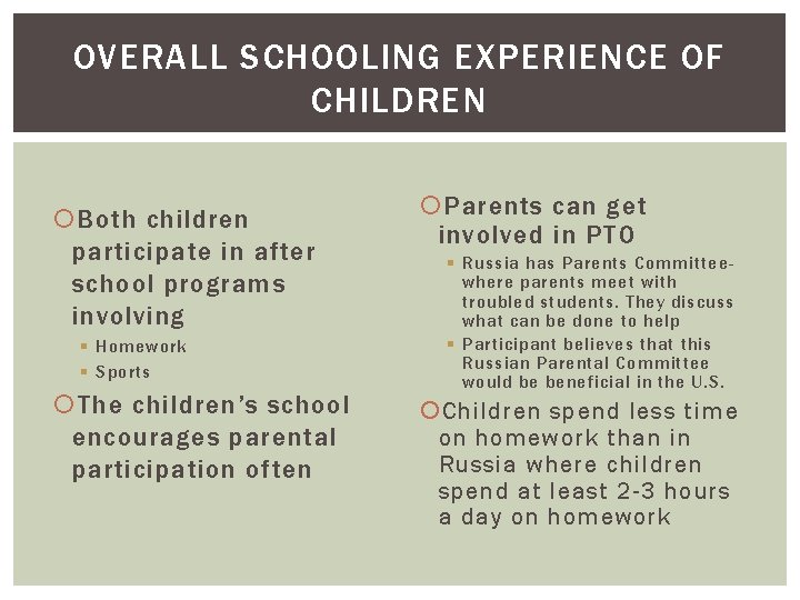 OVERALL SCHOOLING EXPERIENCE OF CHILDREN Both children participate in after school programs involving §