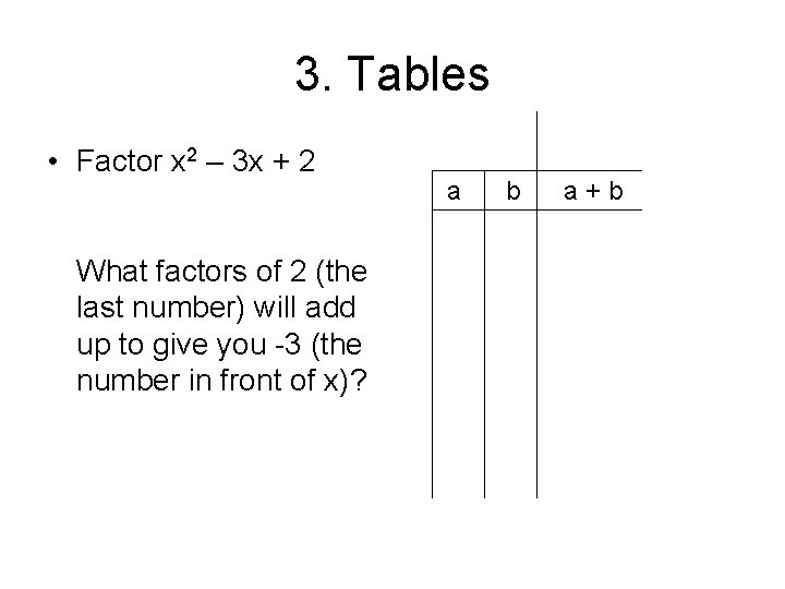 3. Tables • Factor x 2 – 3 x + 2 What factors of