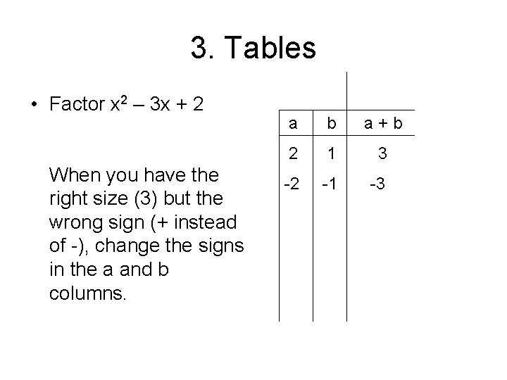 3. Tables • Factor x 2 – 3 x + 2 When you have