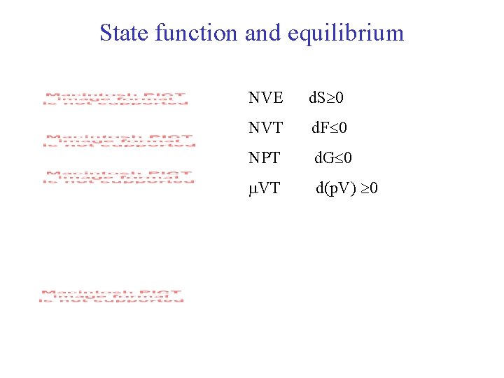 State function and equilibrium NVE d. S 0 NVT d. F 0 NPT d.