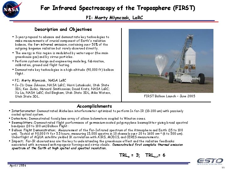 Far Infrared Spectroscopy of the Troposphere (FIRST) PI: Marty Mlynczak, La. RC Description and