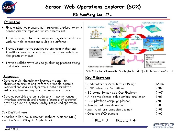Sensor-Web Operations Explorer (SOX) PI: Mee. Mong Lee, JPL Objective • Enable adaptive measurement