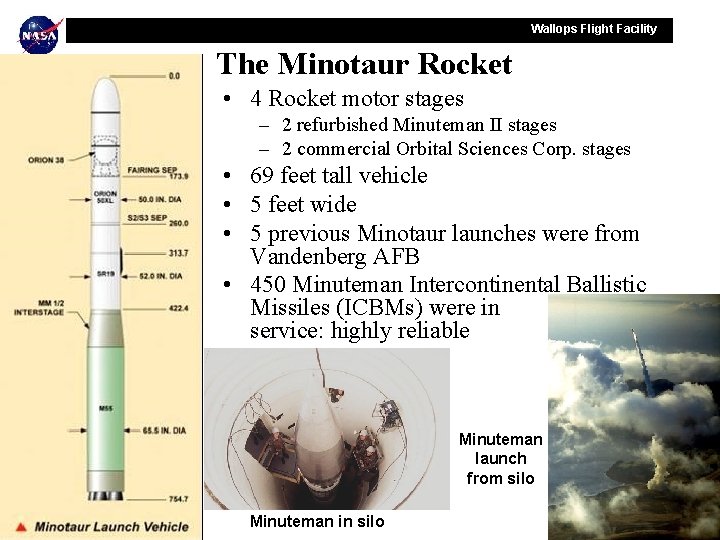 Wallops Flight Facility The Minotaur Rocket • 4 Rocket motor stages – 2 refurbished