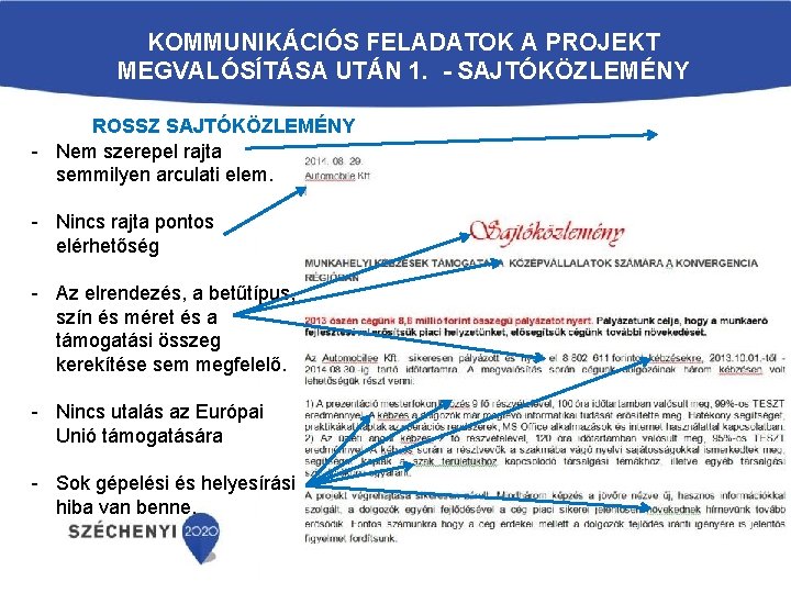 KOMMUNIKÁCIÓS FELADATOK A PROJEKT MEGVALÓSÍTÁSA UTÁN 1. - SAJTÓKÖZLEMÉNY ROSSZ SAJTÓKÖZLEMÉNY - Nem szerepel