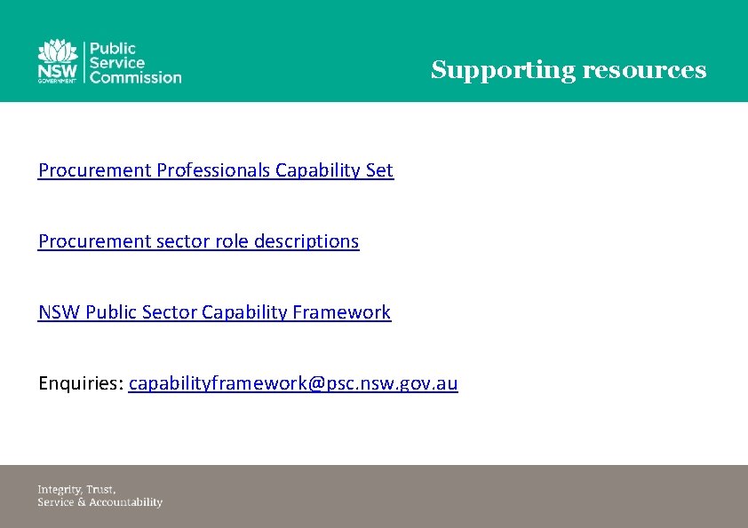 Supporting resources Procurement Professionals Capability Set Procurement sector role descriptions NSW Public Sector Capability
