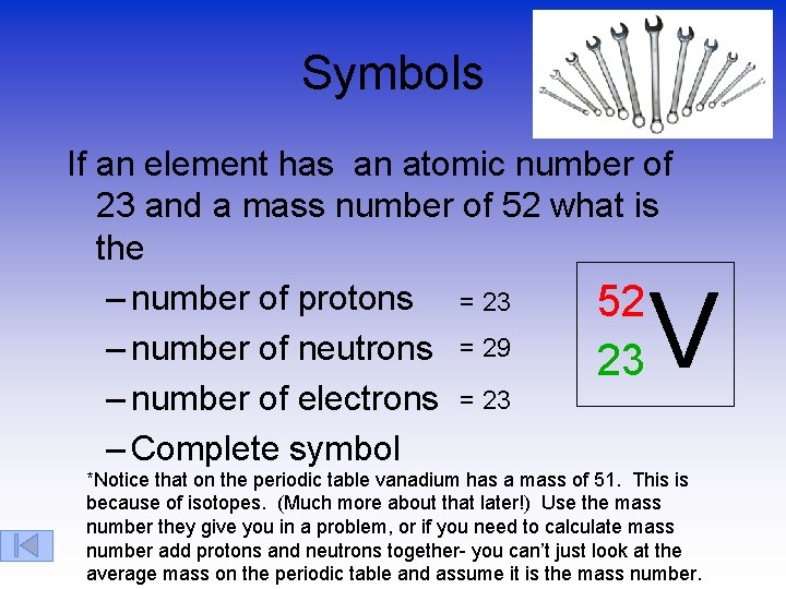 Symbols If an element has an atomic number of 23 and a mass number