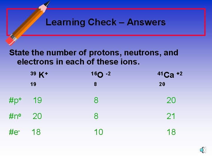 Learning Check – Answers State the number of protons, neutrons, and electrons in each