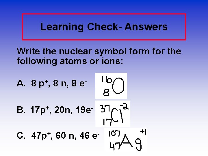 Learning Check- Answers Write the nuclear symbol form for the following atoms or ions: