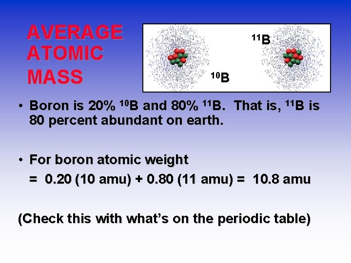 AVERAGE ATOMIC MASS 11 B 10 B • Boron is 20% 10 B and