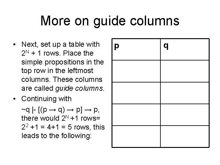 More on guide columns • Next, set up a table with 2 N +