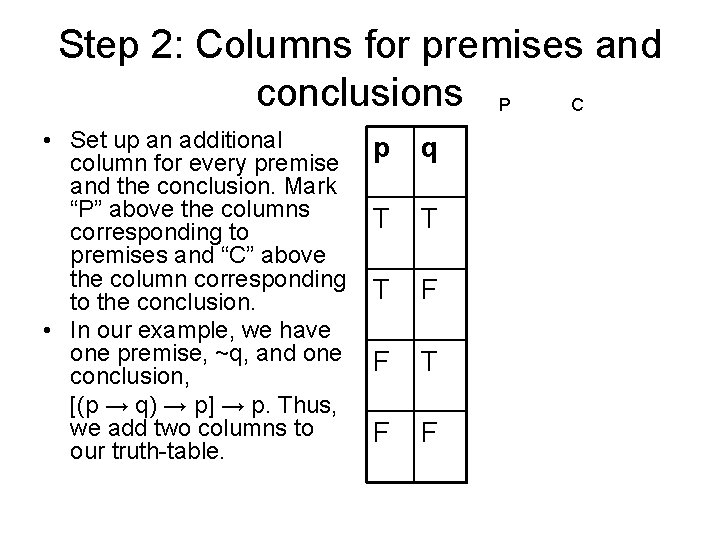 Step 2: Columns for premises and conclusions P C • Set up an additional