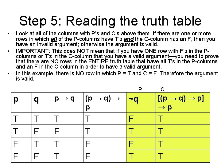 Step 5: Reading the truth table • • • Look at all of the