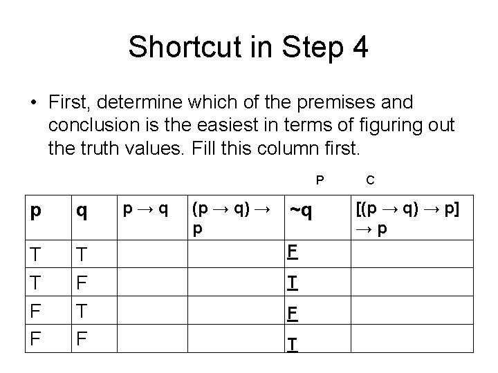 Shortcut in Step 4 • First, determine which of the premises and conclusion is