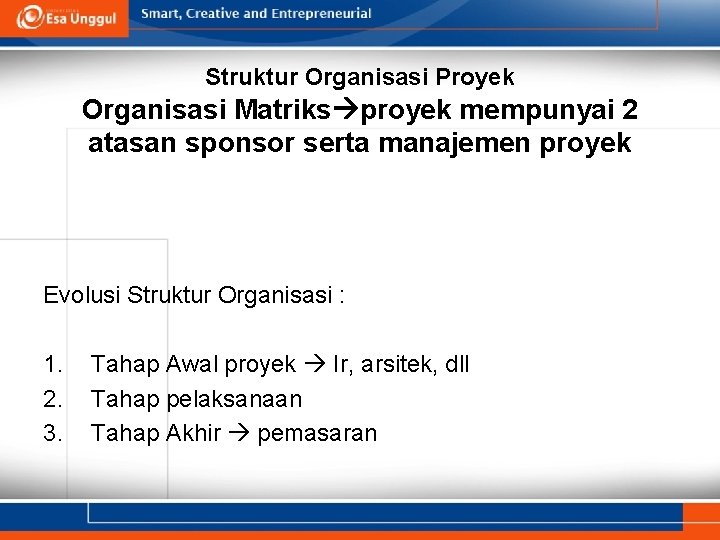 Struktur Organisasi Proyek Organisasi Matriks proyek mempunyai 2 atasan sponsor serta manajemen proyek Evolusi