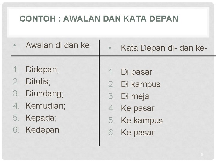 CONTOH : AWALAN DAN KATA DEPAN • Awalan di dan ke • Kata Depan