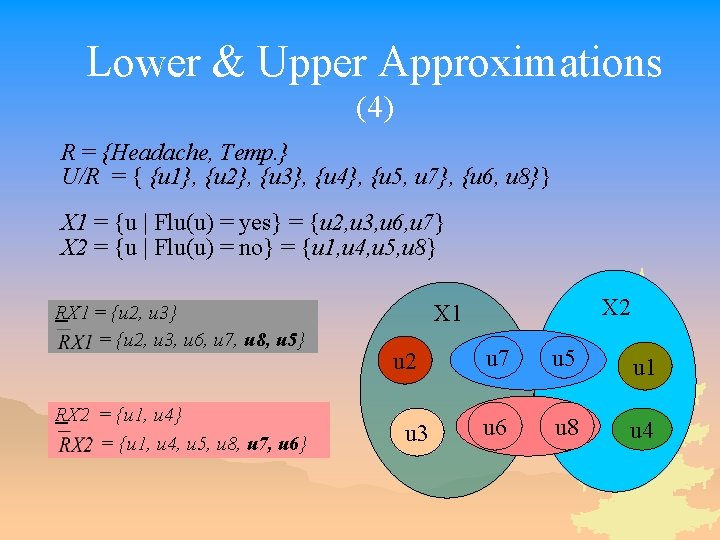 Lower & Upper Approximations (4) R = {Headache, Temp. } U/R = { {u