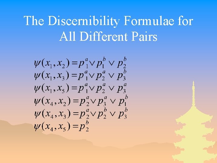 The Discernibility Formulae for All Different Pairs 