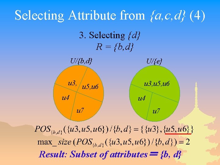 Selecting Attribute from {a, c, d} (4) 3. Selecting {d} R = {b, d}