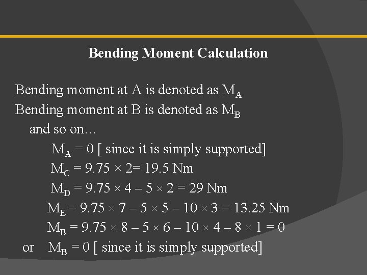 Bending Moment Calculation Bending moment at A is denoted as MA Bending moment at