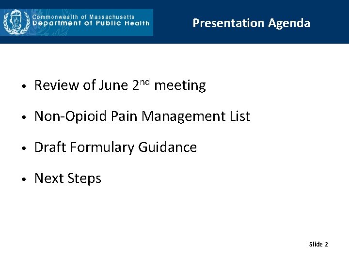 Presentation Agenda • Review of June 2 nd meeting • Non-Opioid Pain Management List