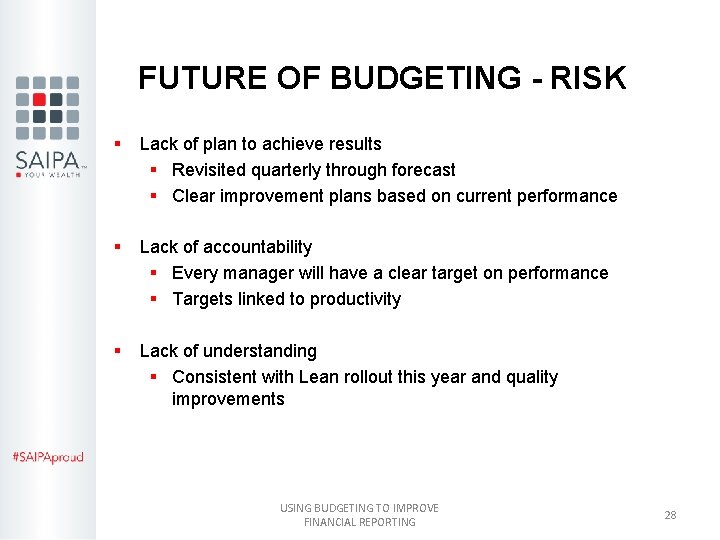 FUTURE OF BUDGETING - RISK § Lack of plan to achieve results § Revisited