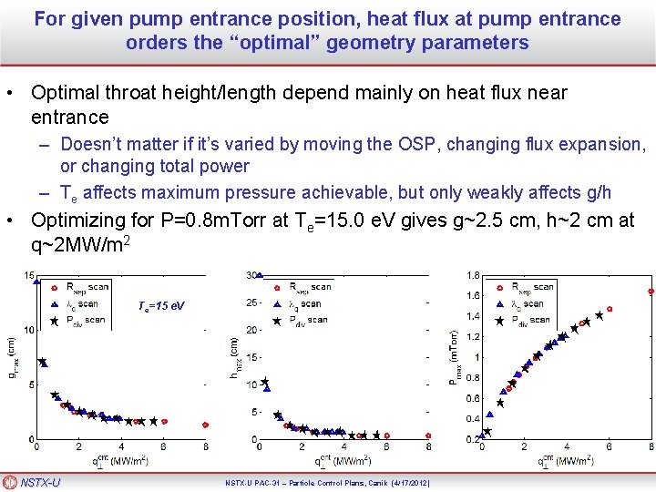For given pump entrance position, heat flux at pump entrance orders the “optimal” geometry