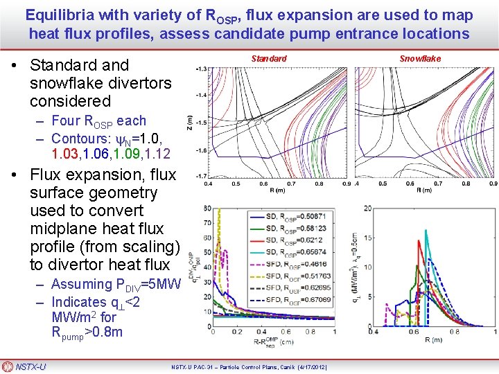 Equilibria with variety of ROSP, flux expansion are used to map heat flux profiles,