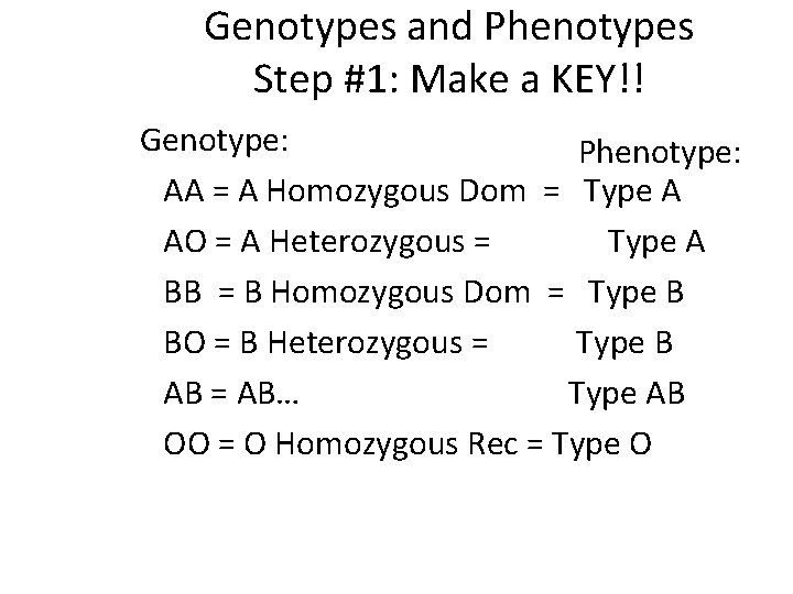 Genotypes and Phenotypes Step #1: Make a KEY!! Genotype: Phenotype: AA = A Homozygous