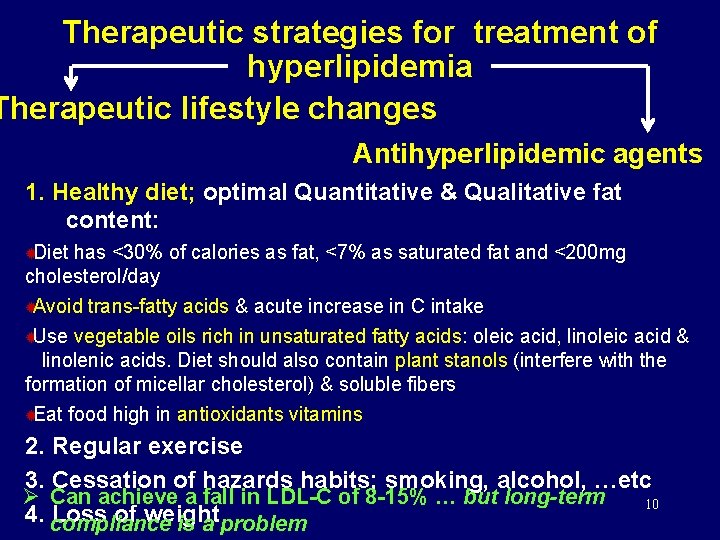 Therapeutic strategies for treatment of hyperlipidemia Therapeutic lifestyle changes Antihyperlipidemic agents 1. Healthy diet;