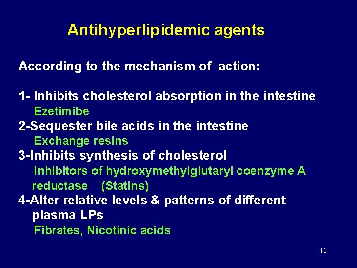 Antihyperlipidemic agents According to the mechanism of action: 1 - Inhibits cholesterol absorption in