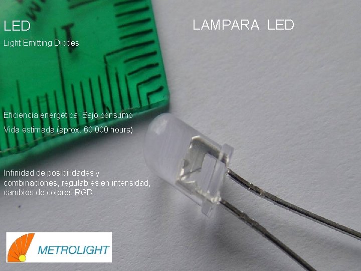 LED Light Emitting Diodes Eficiencia energética. Bajo consumo Vida estimada (aprox. 60, 000 hours)