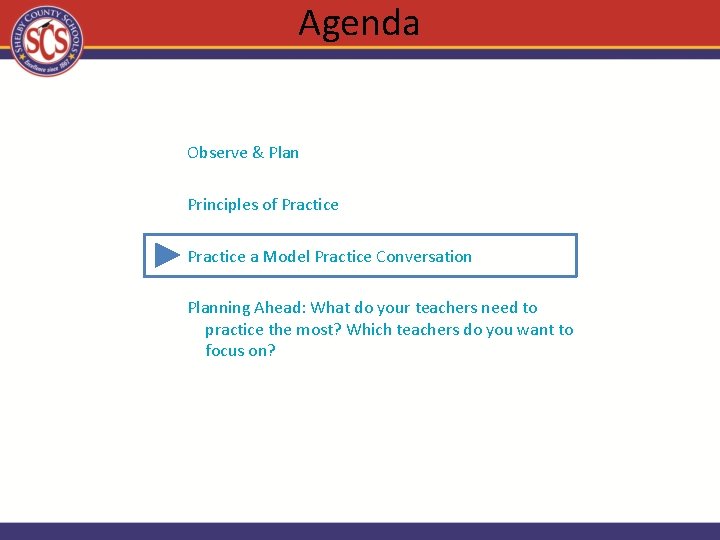 Agenda Observe & Plan Principles of Practice a Model Practice Conversation Planning Ahead: What