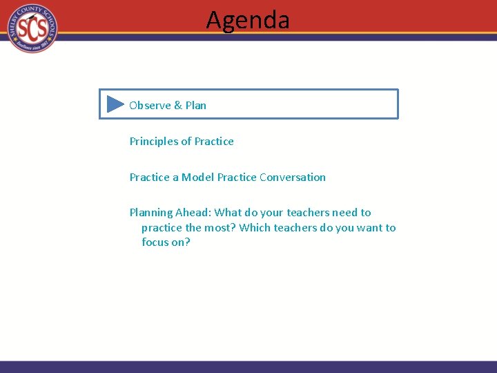 Agenda Observe & Plan Principles of Practice a Model Practice Conversation Planning Ahead: What