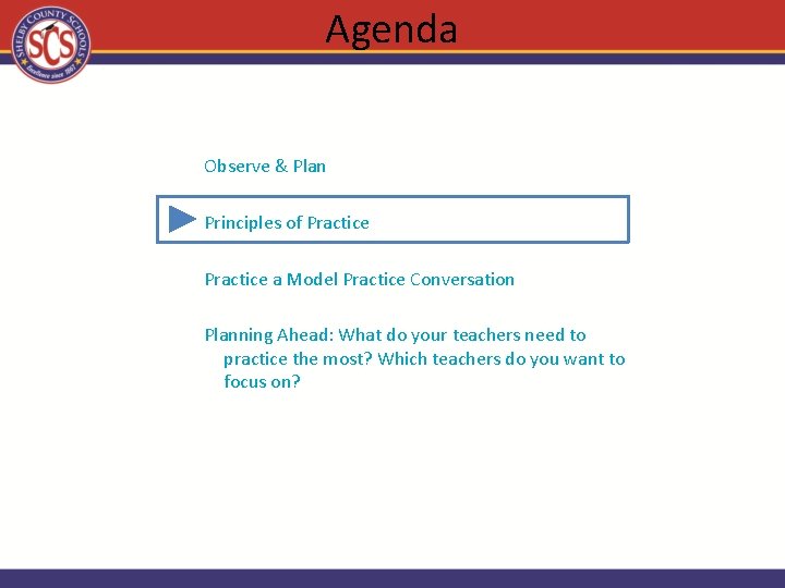 Agenda Observe & Plan Principles of Practice a Model Practice Conversation Planning Ahead: What