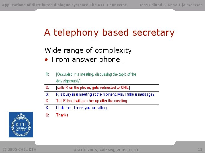 Applications of distributed dialogue systems: The KTH Connector Jens Edlund & Anna Hjalmarsson A