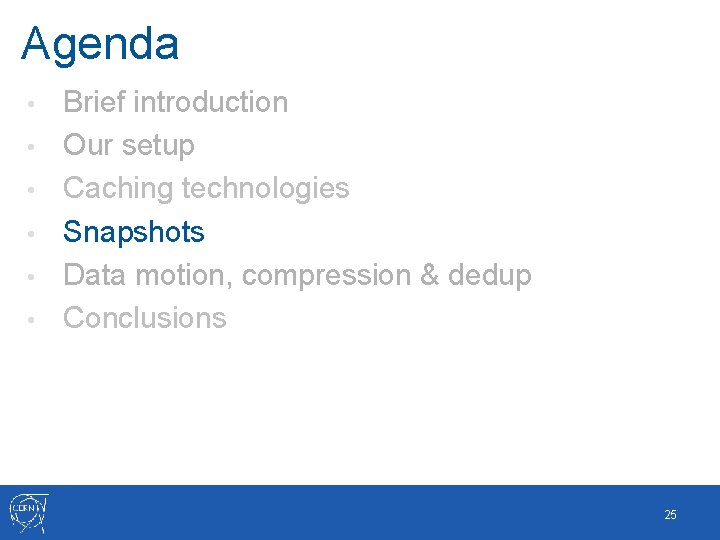 Agenda • • • Brief introduction Our setup Caching technologies Snapshots Data motion, compression