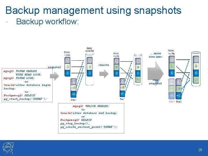 Backup management using snapshots • Backup workflow: … some time later snapshot resume mysql>