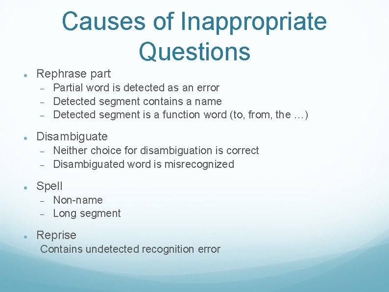 Causes of Inappropriate Questions Rephrase part Disambiguate Neither choice for disambiguation is correct Disambiguated