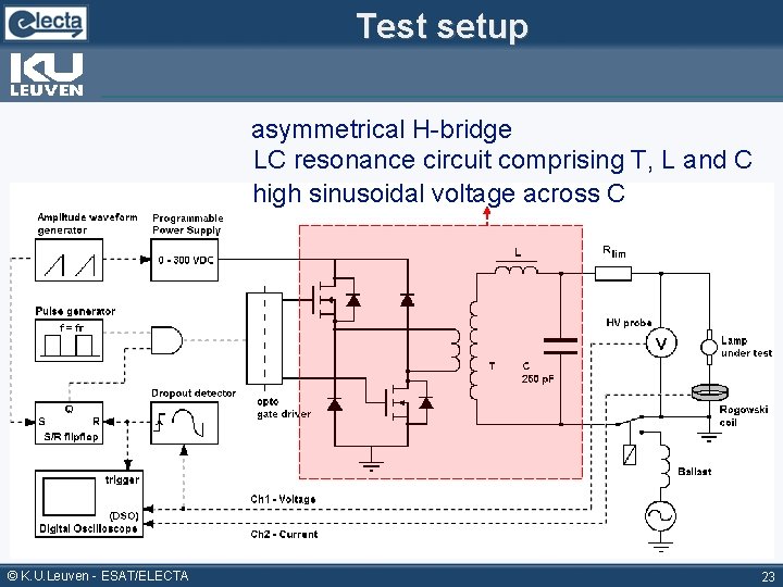 Test setup asymmetrical H-bridge LC resonance circuit comprising T, L and C high sinusoidal