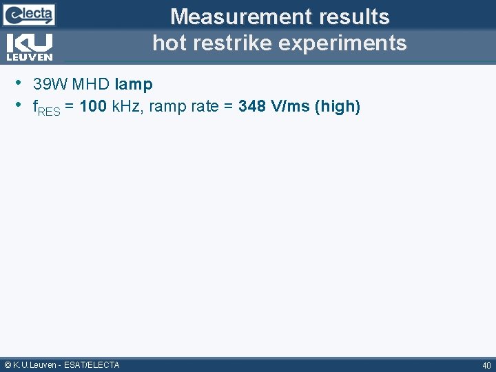 Measurement results hot restrike experiments • 39 W MHD lamp • f. RES =